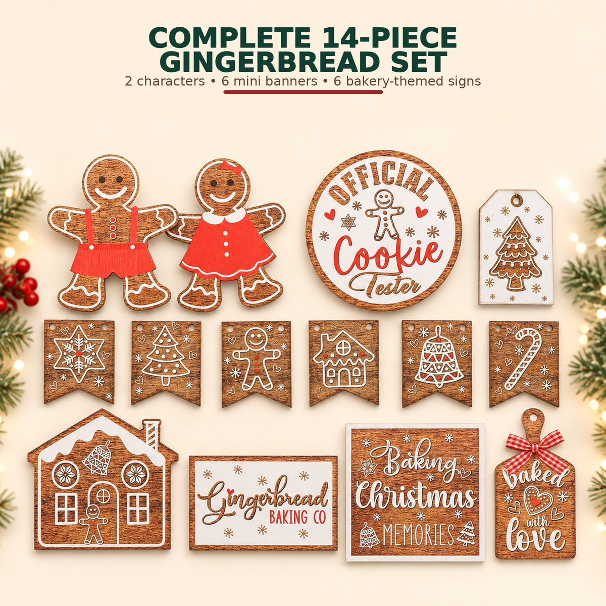 COOKEY 14 PCS Gingerbread Christmas Tiered Tray Decor Set, Cute Tabletop Christmas Decorations for Home Shelf Mantel Coffee Bar Office Holiday Table Centerpiece