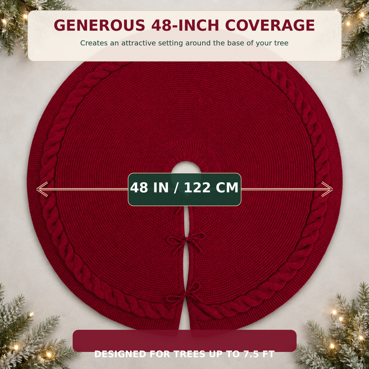 COOKEY 48 Inch Christmas Tree Skirt for 7.5FT Tree, Burgundy Cable Knit Tree Skirt, Vintage Rustic Farmhouse Christmas Tree Decorations, Wine Red