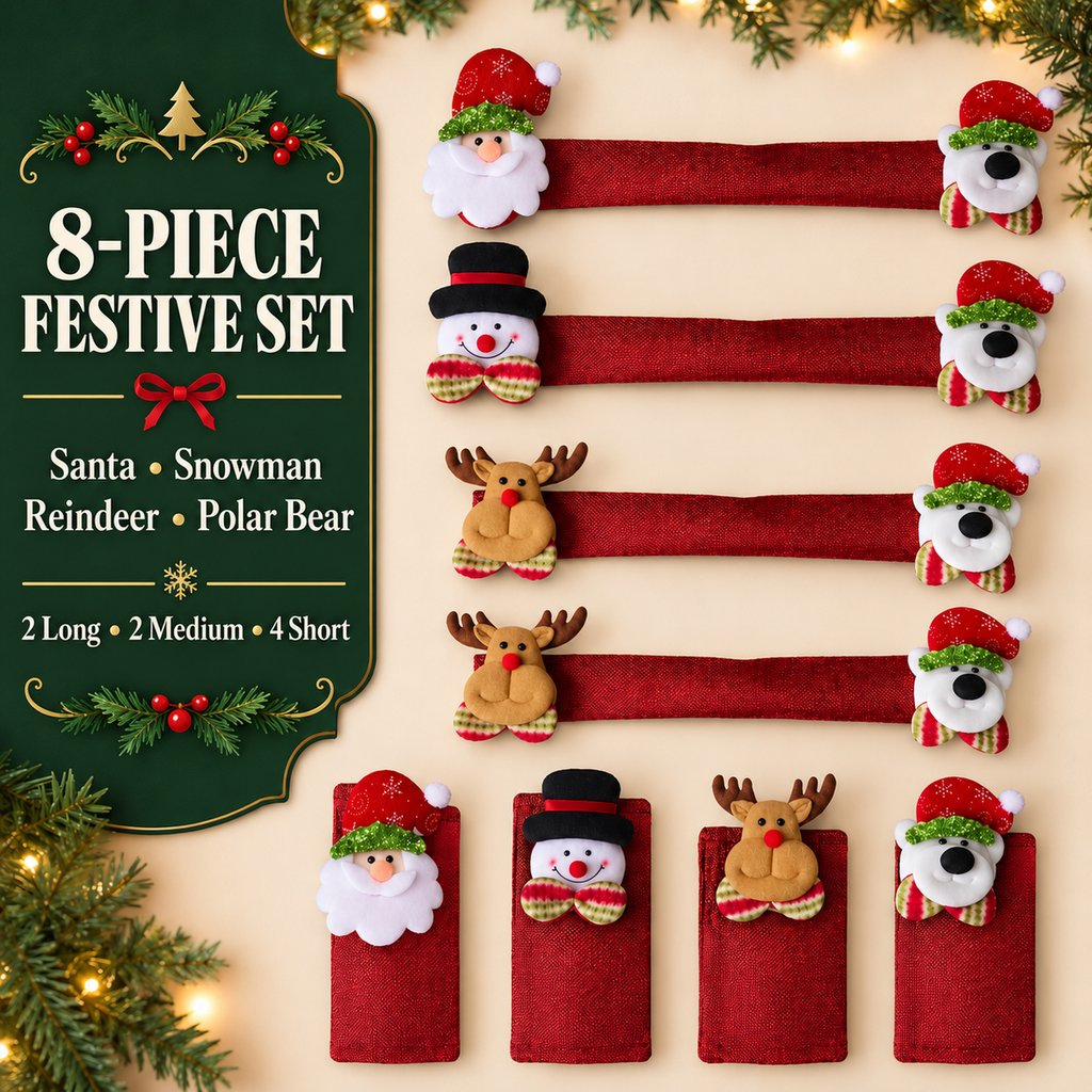 COOKEY Christmas Refrigerator Handle Covers Set of 8, Santa Snowman Reindeer Polar Bear Fridge Handle Covers, Christmas Kitchen Decor for Refrigerator Oven Microwave Dishwasher, Red