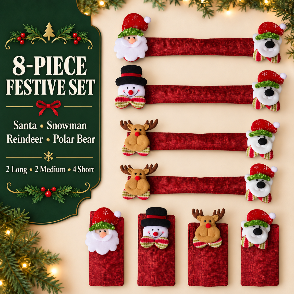 COOKEY Christmas Refrigerator Handle Covers Set of 8, Santa Snowman Reindeer Polar Bear Fridge Handle Covers, Christmas Kitchen Decor for Refrigerator Oven Microwave Dishwasher, Red