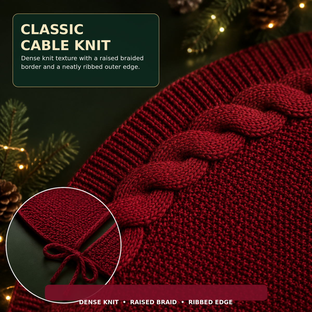 COOKEY 48 Inch Christmas Tree Skirt for 7.5FT Tree, Burgundy Cable Knit Tree Skirt, Vintage Rustic Farmhouse Christmas Tree Decorations, Wine Red