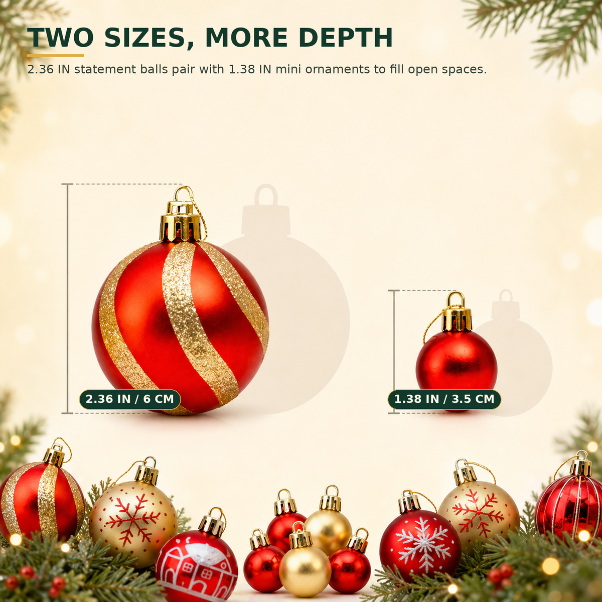 COOKEY Christmas Ball Ornaments Set, Red and Gold Shatterproof Christmas Tree Decorations, 2.36" & 1.38"