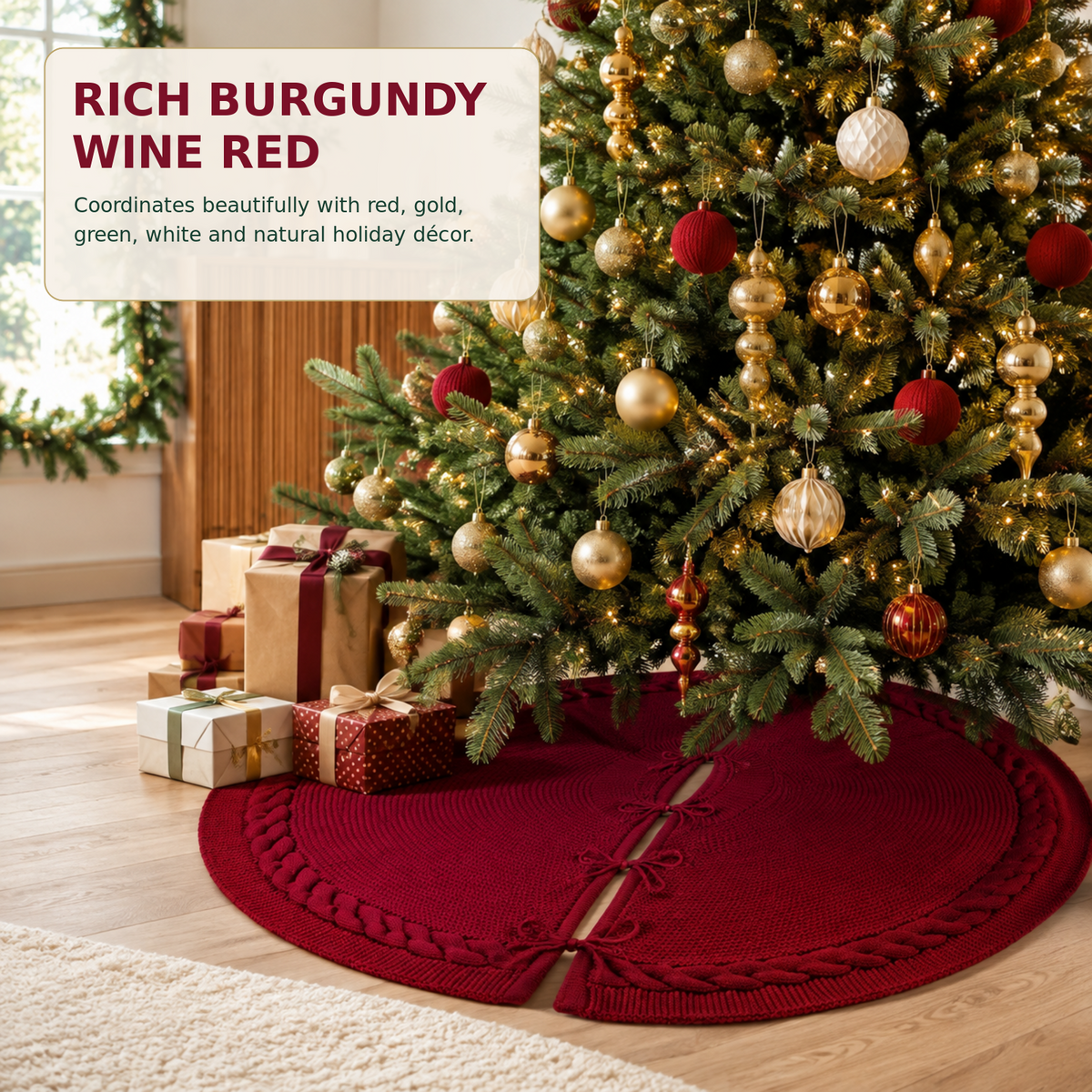 COOKEY 48 Inch Christmas Tree Skirt for 7.5FT Tree, Burgundy Cable Knit Tree Skirt, Vintage Rustic Farmhouse Christmas Tree Decorations, Wine Red