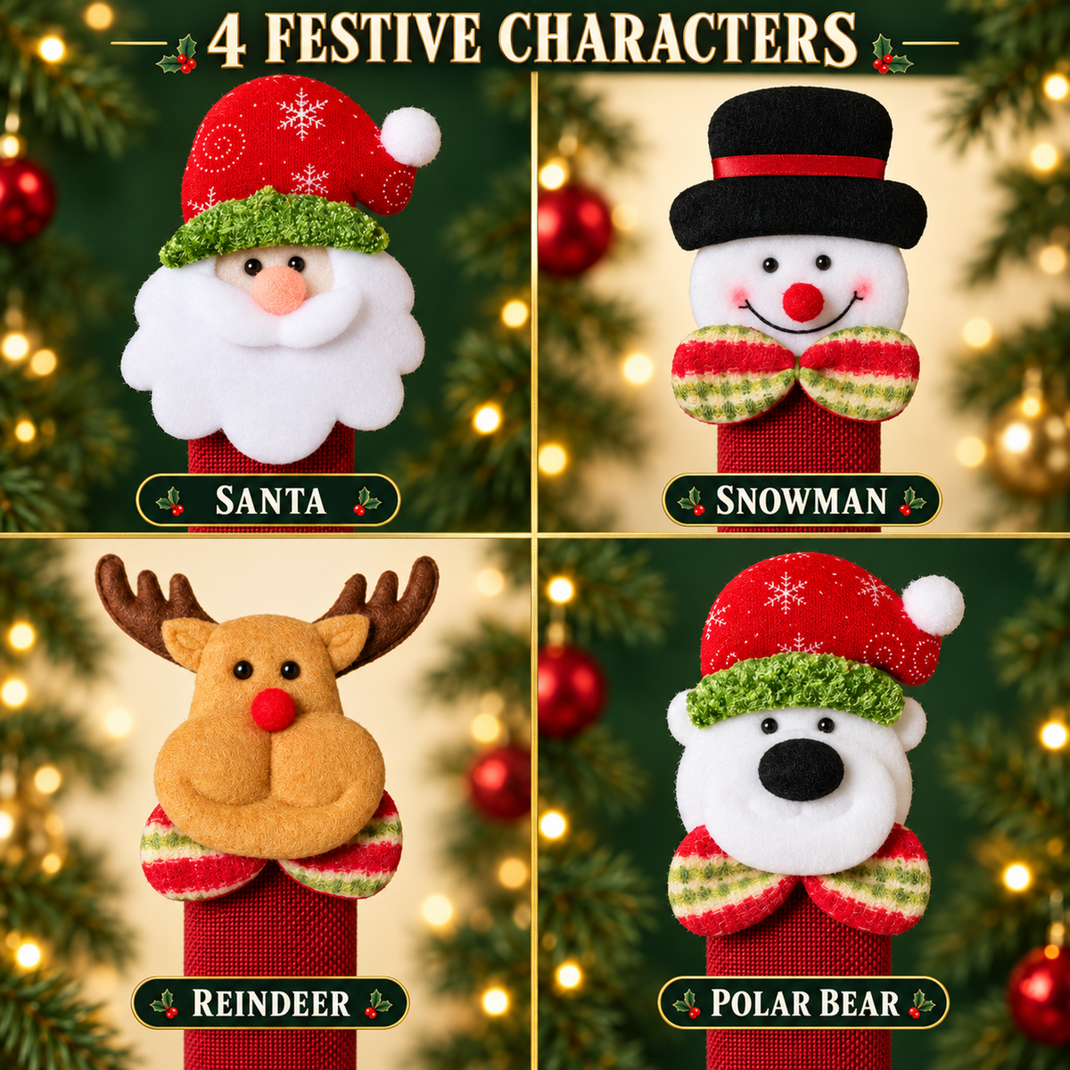 COOKEY Christmas Refrigerator Handle Covers Set of 8, Santa Snowman Reindeer Polar Bear Fridge Handle Covers, Christmas Kitchen Decor for Refrigerator Oven Microwave Dishwasher, Red