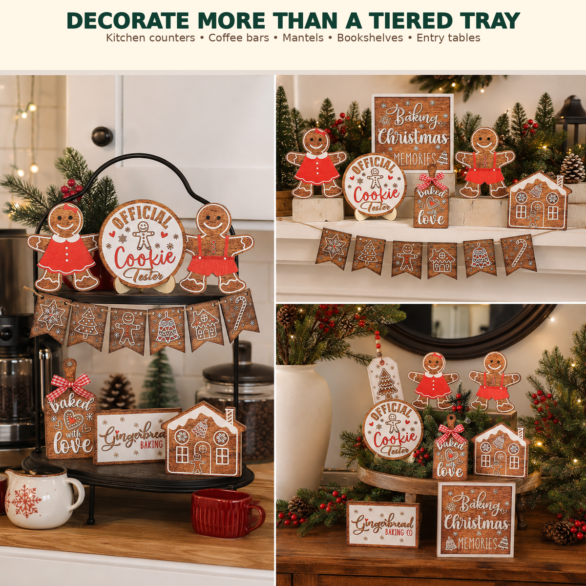 COOKEY 14 PCS Gingerbread Christmas Tiered Tray Decor Set, Cute Tabletop Christmas Decorations for Home Shelf Mantel Coffee Bar Office Holiday Table Centerpiece