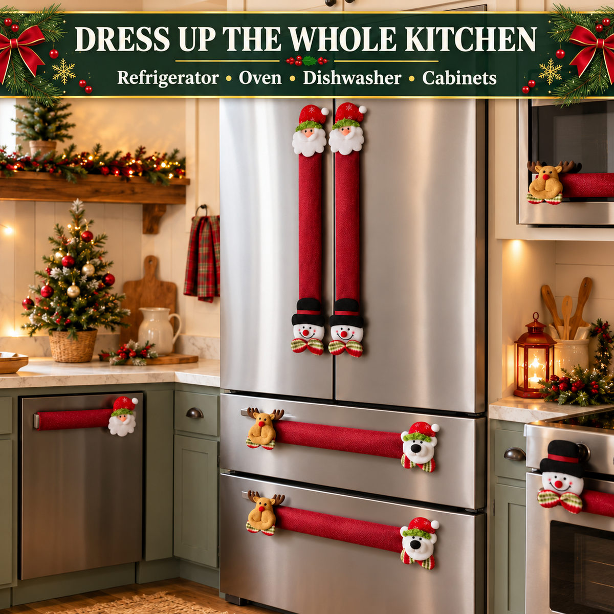 COOKEY Christmas Refrigerator Handle Covers Set of 8, Santa Snowman Reindeer Polar Bear Fridge Handle Covers, Christmas Kitchen Decor for Refrigerator Oven Microwave Dishwasher, Red
