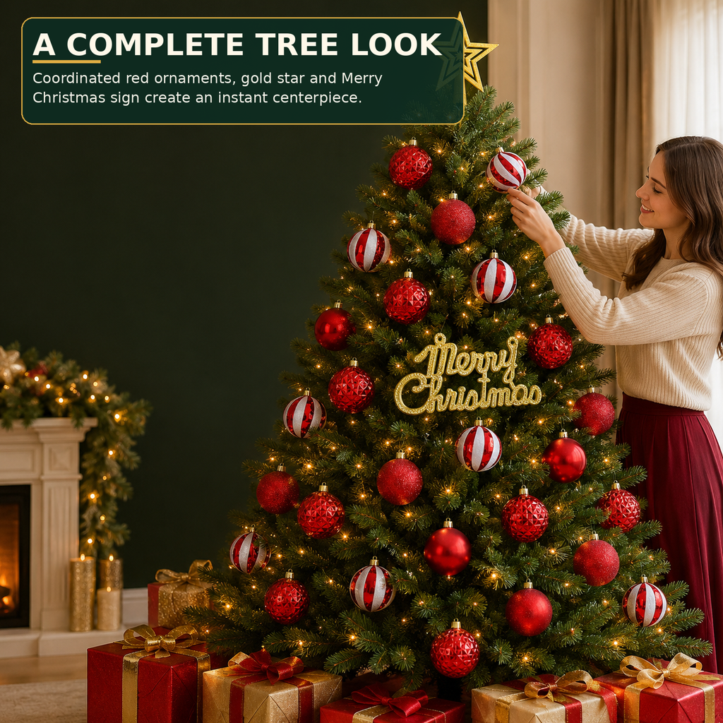 COOKEY Christmas Ball Ornaments Set, Red and Gold Shatterproof Christmas Tree Decorations, 2.36" & 1.38"