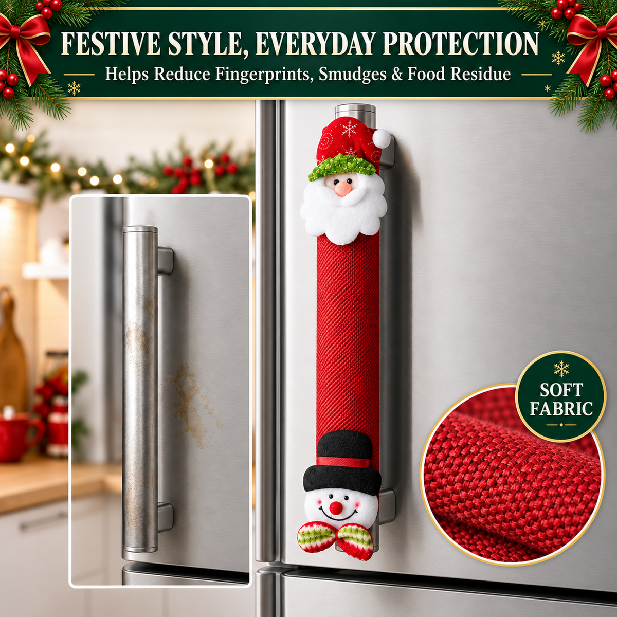 COOKEY Christmas Refrigerator Handle Covers Set of 8, Santa Snowman Reindeer Polar Bear Fridge Handle Covers, Christmas Kitchen Decor for Refrigerator Oven Microwave Dishwasher, Red