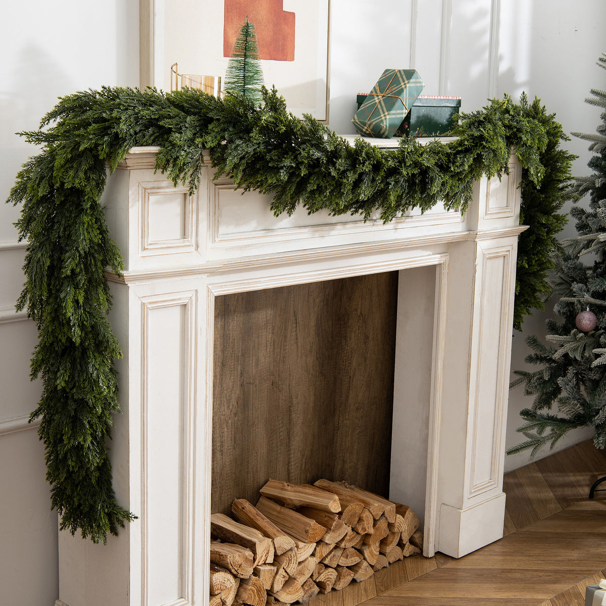 COOKEY Real Touch Cedar Garland, Christmas Lifelike Artificial Holiday Decoration for Indoor & Outdoor Use,for Fireplace Mantel, Stair Railing, Doorway or Dining Table