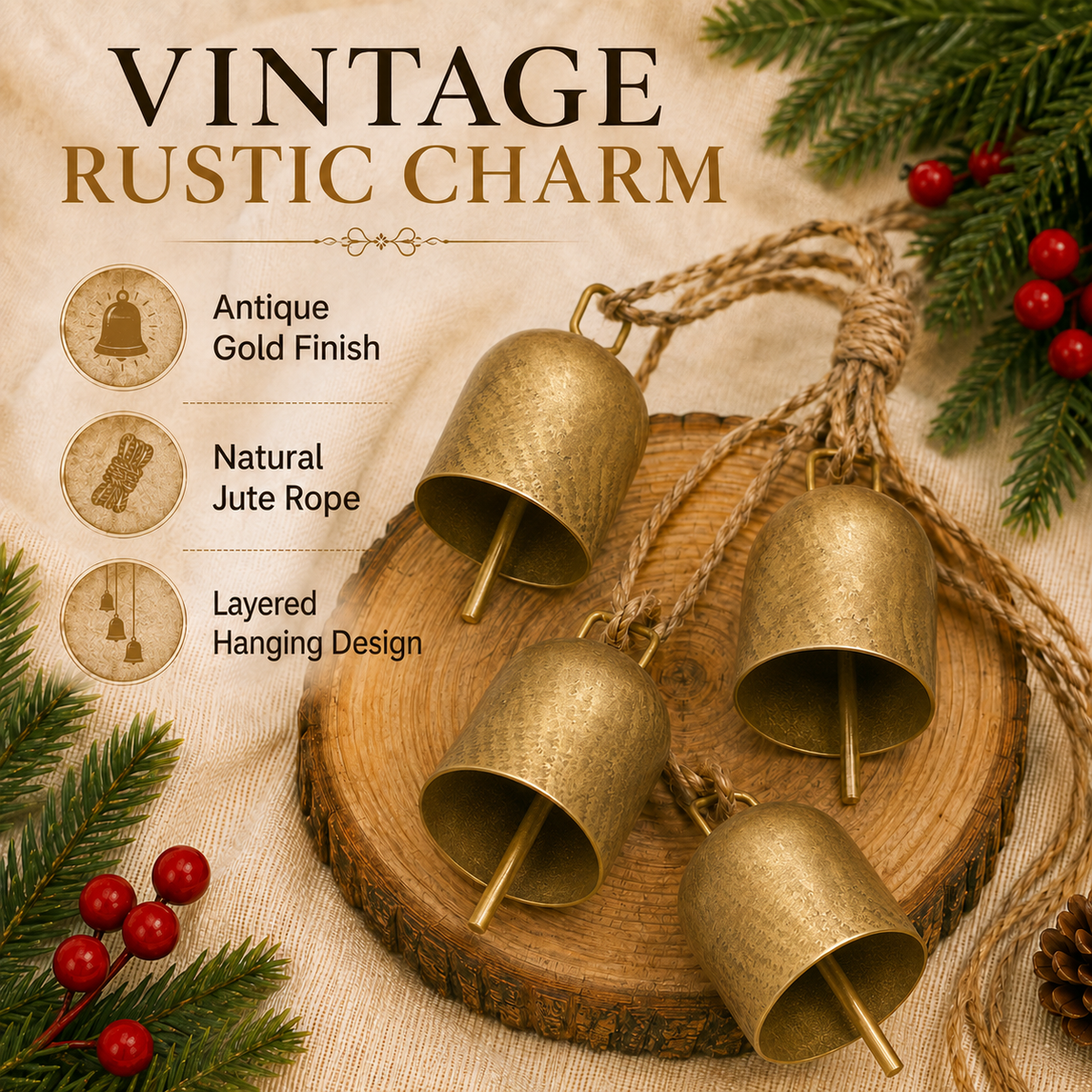 COOKEY 2 Pcs Gold Vintage Bells with Hanging Rope, Decorative Metal Cow Bells for Weddings, Parties, and Christmas DIY Wreaths, Home Decor