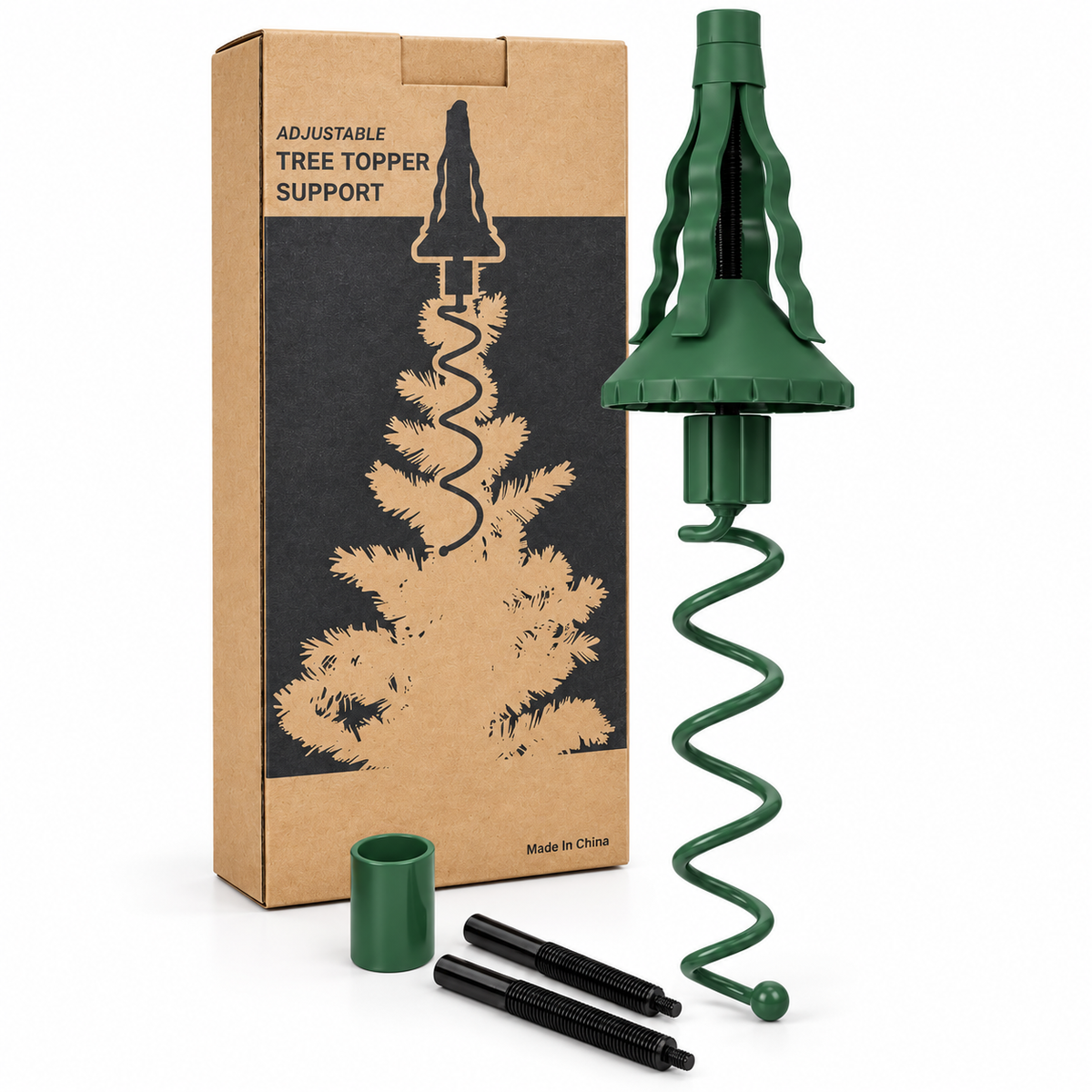 COOKEY Christmas Tree Topper Holder, Adjustable Twist-On Metal Tree Topper Stabilizer with Spiral Support and Attachments, Christmas Tree Topper Support for Star Angel Holiday Decorations, Green