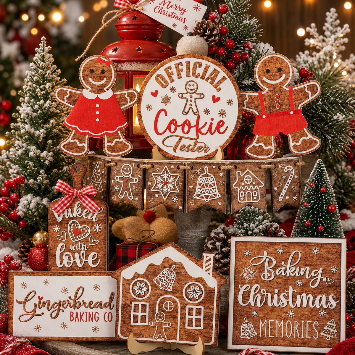 COOKEY 14 PCS Gingerbread Christmas Tiered Tray Decor Set, Cute Tabletop Christmas Decorations for Home Shelf Mantel Coffee Bar Office Holiday Table Centerpiece