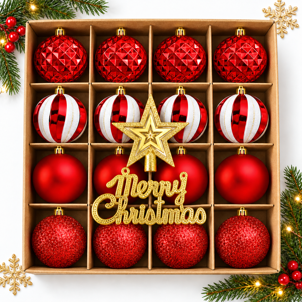 COOKEY Christmas Ball Ornaments Set, Red and Gold Shatterproof Christmas Tree Decorations, 2.36" & 1.38"