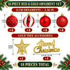 COOKEY Christmas Ball Ornaments Set, Red and Gold Shatterproof Christmas Tree Decorations, 2.36" & 1.38"