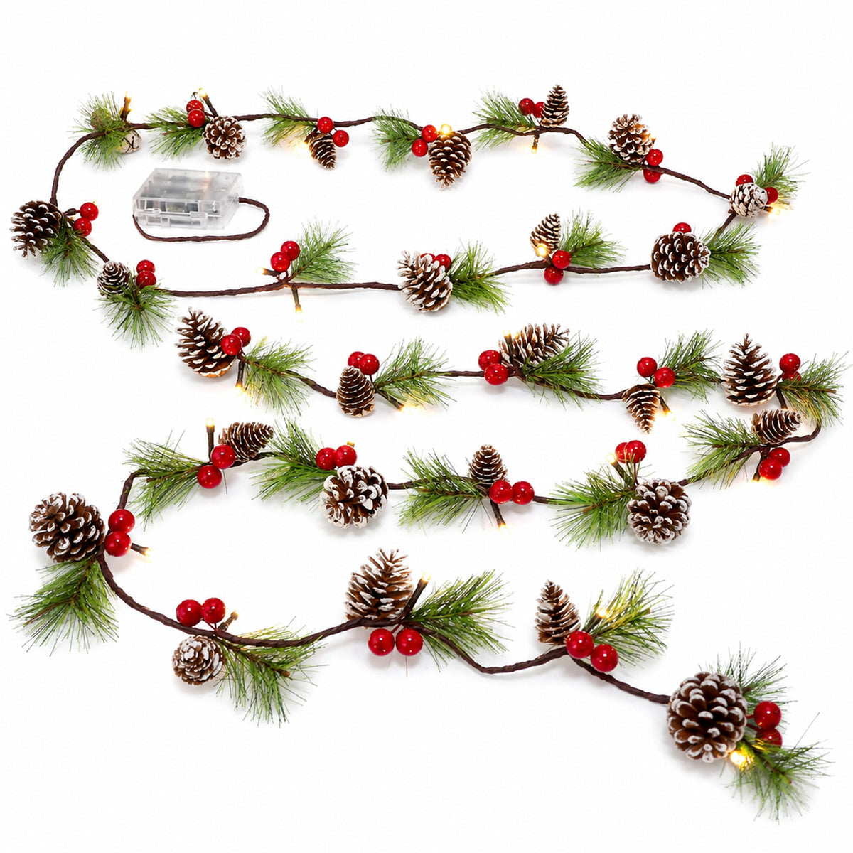COOKEY Christmas Garland with Lights, 10 Ft Battery Operated Pine Cone Garland, Red Berries and Pine Needles, Lighted Christmas Decorations for Mantel Stairs Indoor Outdoor
