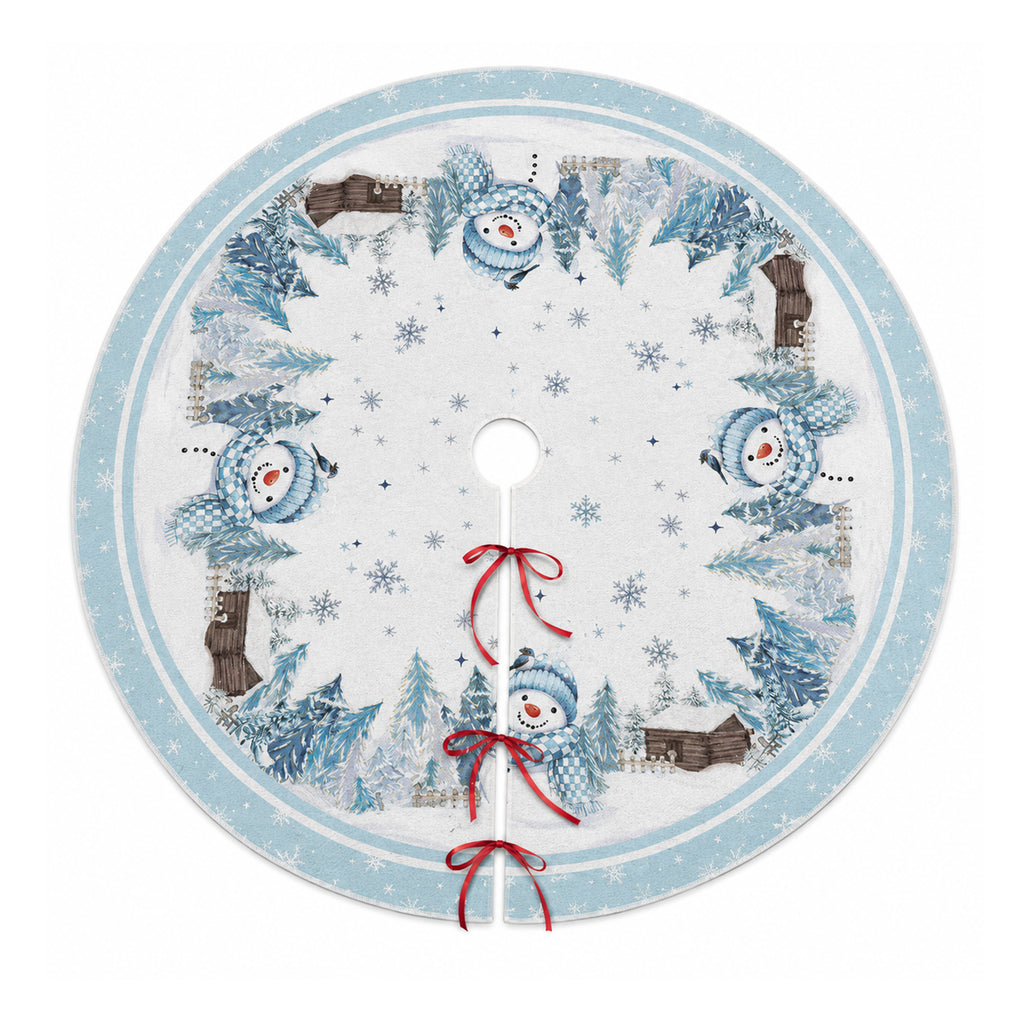 COOKEY Snowman Christmas Tree Skirt 48 Inch, White Winter Snowflake Tree Skirt, Cabin and Pine Forest Print, Merry Christmas Holiday Party Decorations Indoor Outdoor