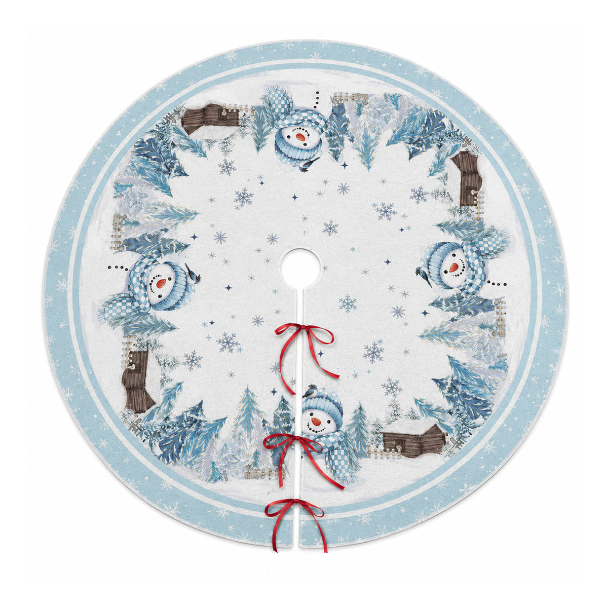 COOKEY Snowman Christmas Tree Skirt 48 Inch, White Winter Snowflake Tree Skirt, Cabin and Pine Forest Print, Merry Christmas Holiday Party Decorations Indoor Outdoor