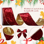 Cookey Red Velvet Wired Ribbon 2 1/2 Inch with Gold Edge for Christmas Tree Gift Wrapping Crafts Wreath Decoration Bow Making 10 Yards