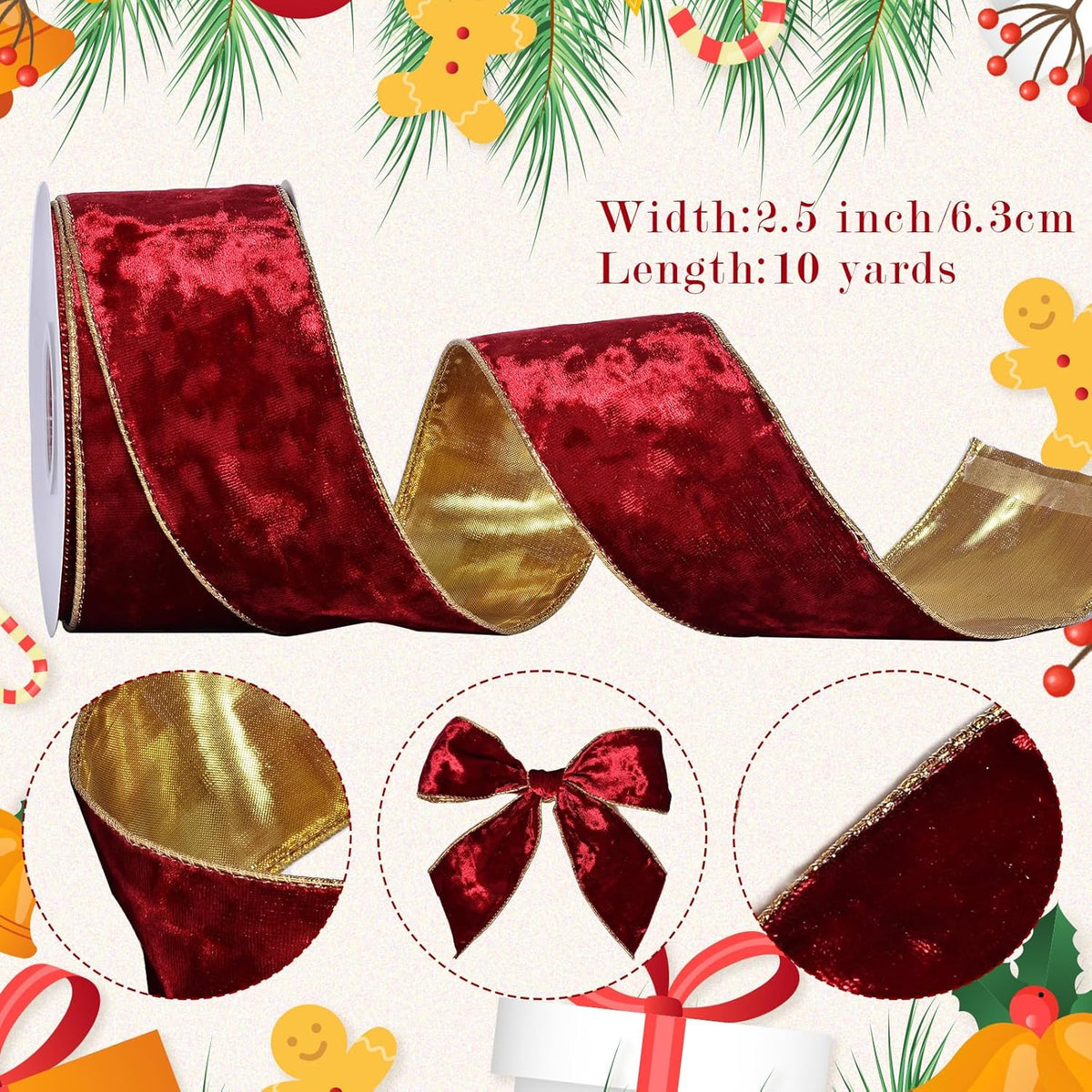 Cookey Red Velvet Wired Ribbon 2 1/2 Inch with Gold Edge for Christmas Tree Gift Wrapping Crafts Wreath Decoration Bow Making 10 Yards