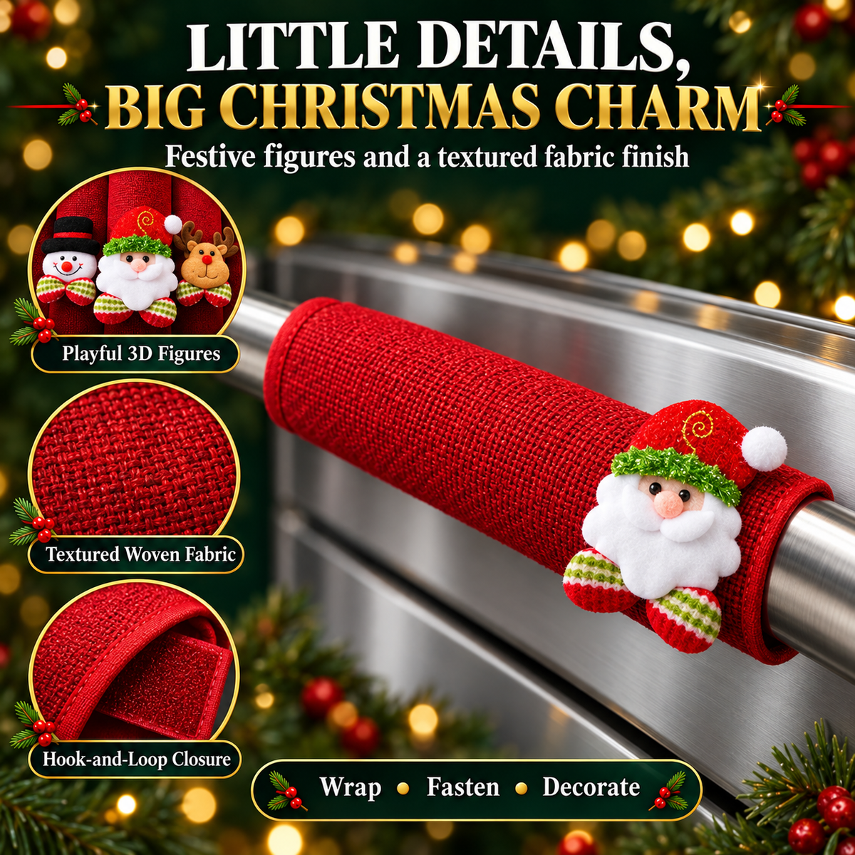 COOKEY Christmas Refrigerator Handle Covers Set of 8, Santa Snowman Reindeer Polar Bear Fridge Handle Covers, Christmas Kitchen Decor for Refrigerator Oven Microwave Dishwasher, Red