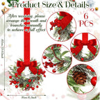 COOKEY 6 Pcs 6" Christmas Mini Cabinet Wreaths with Ribbon Bows and Red Berry,Small Norfolk Pine Kitchen Wreaths for Front Door Farmhouse Wall Pillars Xmas Decorations