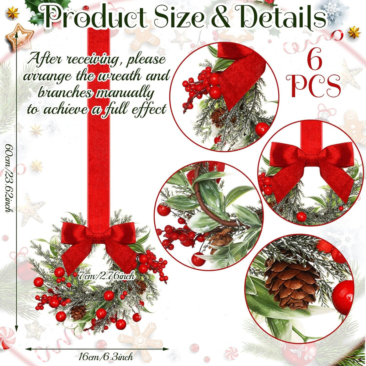 COOKEY 6 Pcs 6" Christmas Mini Cabinet Wreaths with Ribbon Bows and Red Berry,Small Norfolk Pine Kitchen Wreaths for Front Door Farmhouse Wall Pillars Xmas Decorations