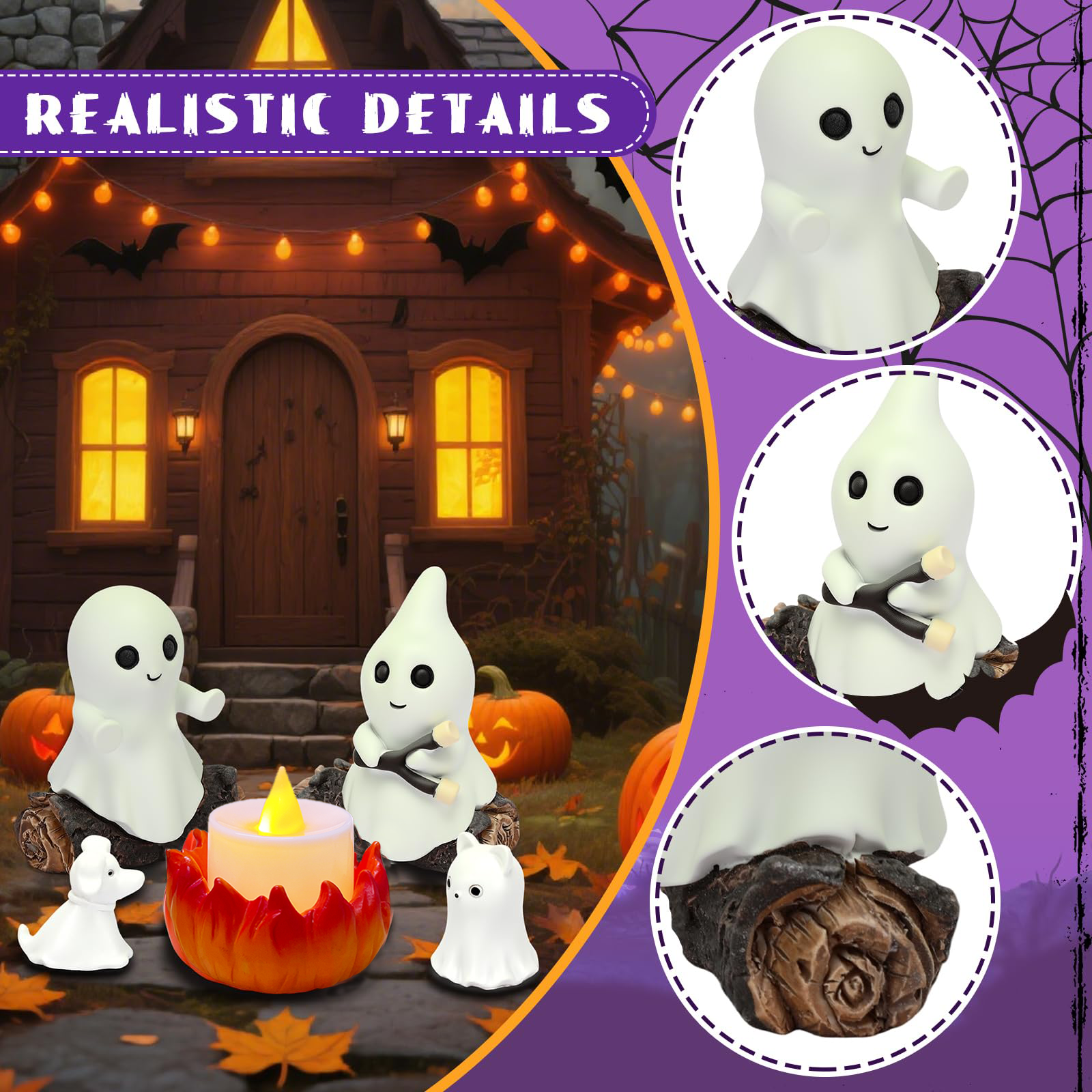 COOKEY Glow-in-The-Dark Ghost Campfire Gathering, Cute & Cozy Halloween Ghost Figurine Set, Resin Ghost Statue for Home, Mantel, Shelf, Desk