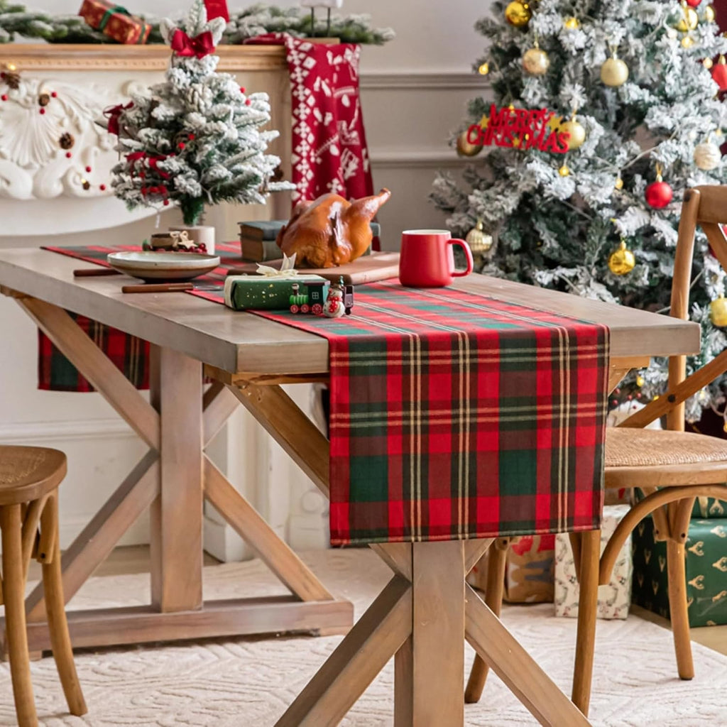 COOKEY Christmas Table Runner, Red and Green Tartan Plaid, 13 x 72 in