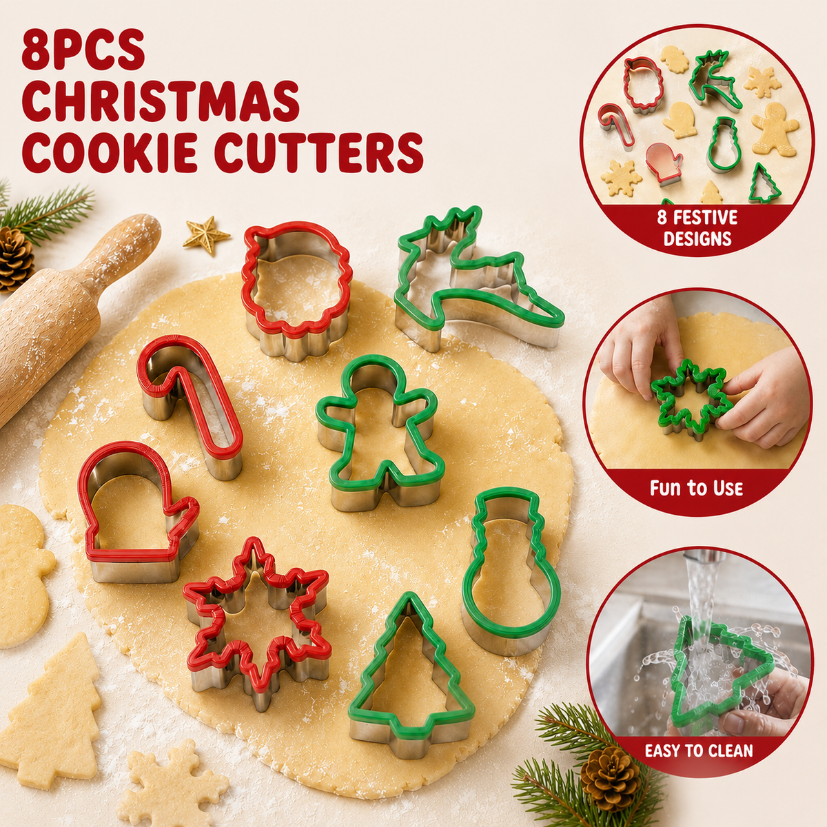 COOKEY 8PCS Christmas Cookie Cutters Sets, Food Grade Stainless Steel Christmas Cookie Cutter Tools with Protective Red Top PVC,Holiday Cookie Cutters Shape Moulds Set for Baking