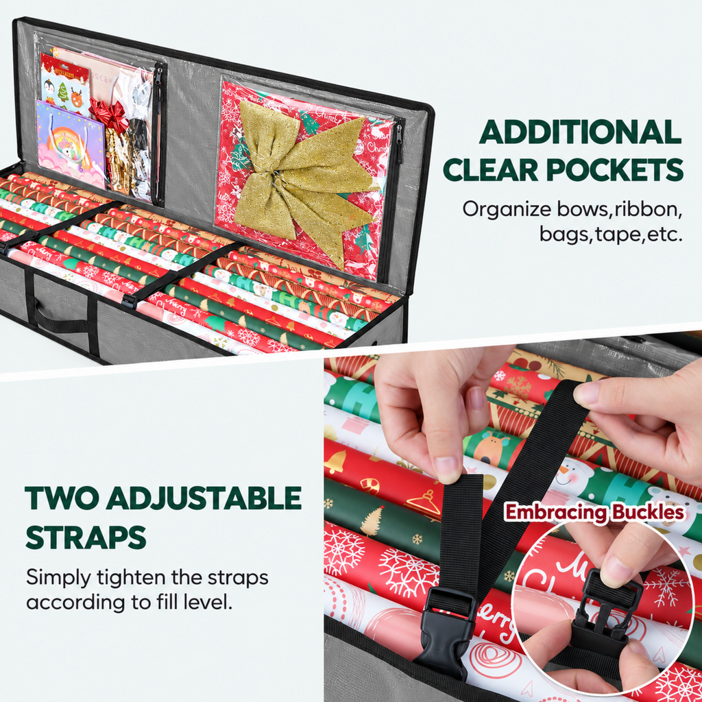 COOKEY Large Christmas Wrapping Paper Storage Bag, 40" Durable PE Gift Wrap Storage Bag with Flexible Partitions and Pockets for Ribbon, Accessories