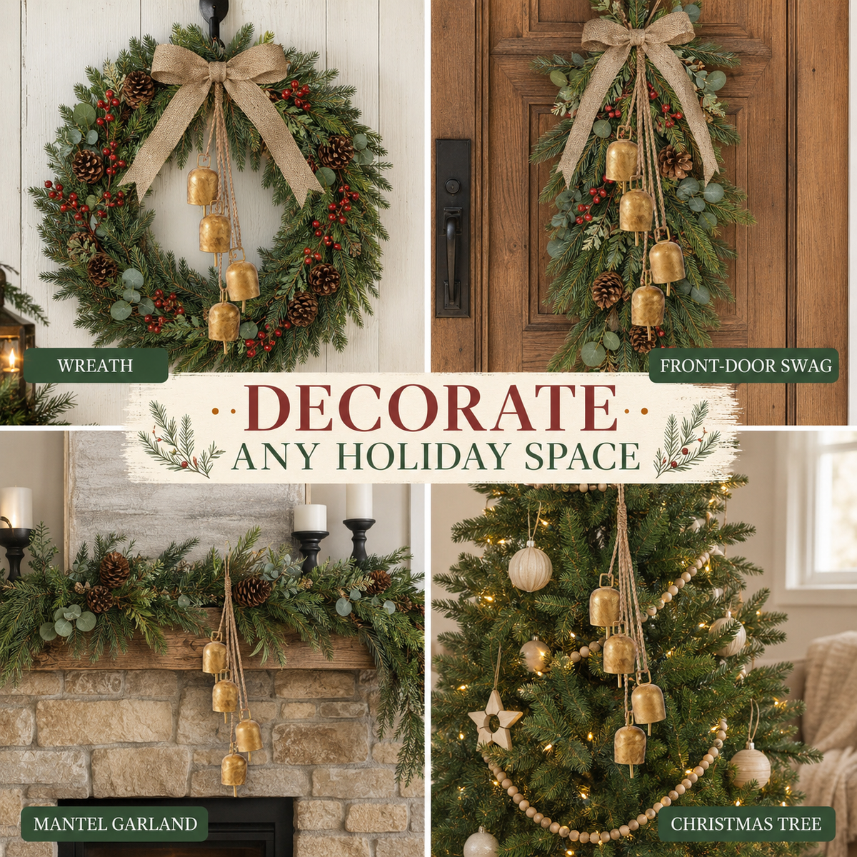 COOKEY 2 Pcs Gold Vintage Bells with Hanging Rope, Decorative Metal Cow Bells for Weddings, Parties, and Christmas DIY Wreaths, Home Decor