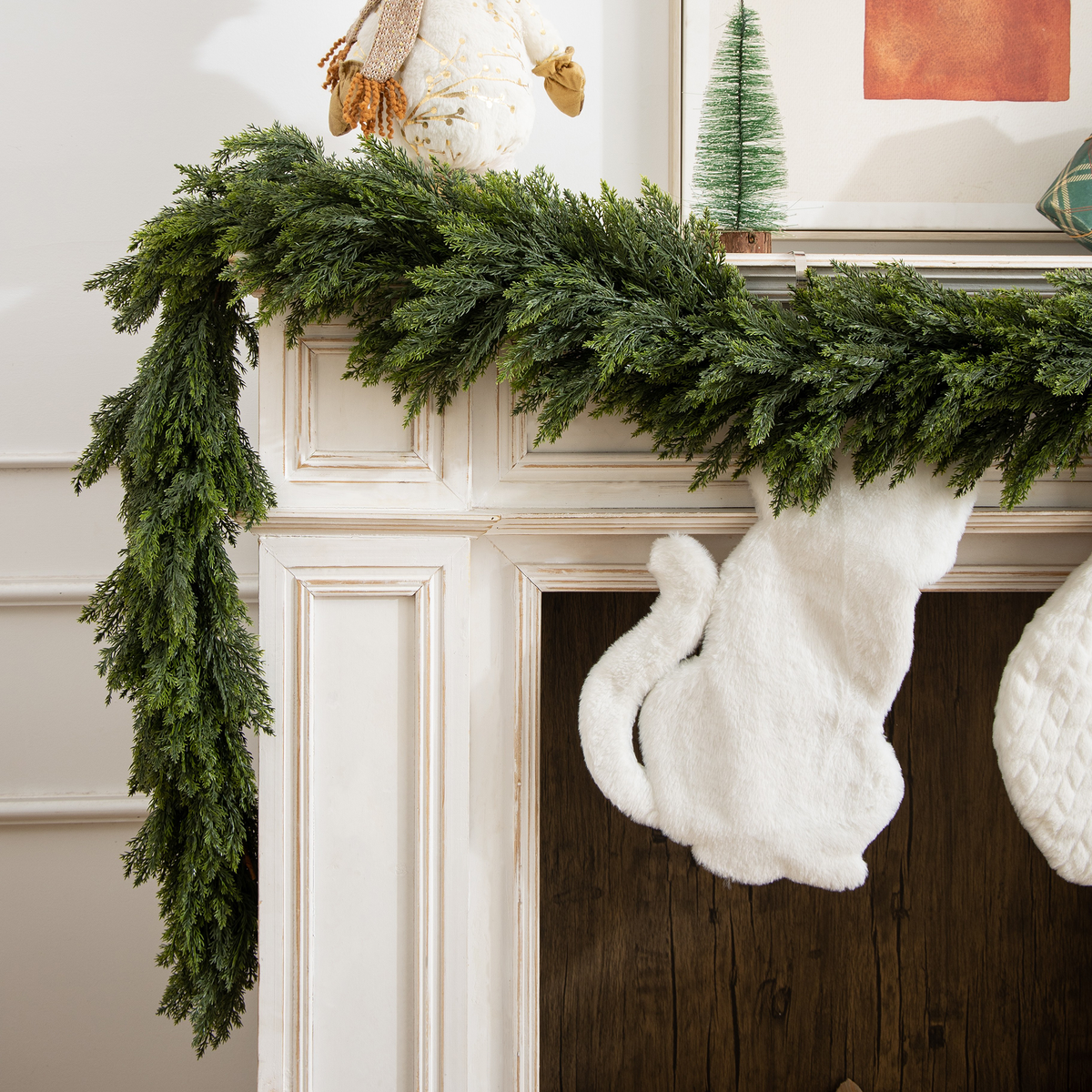 COOKEY Real Touch Cedar Garland, Christmas Lifelike Artificial Holiday Decoration for Indoor & Outdoor Use,for Fireplace Mantel, Stair Railing, Doorway or Dining Table