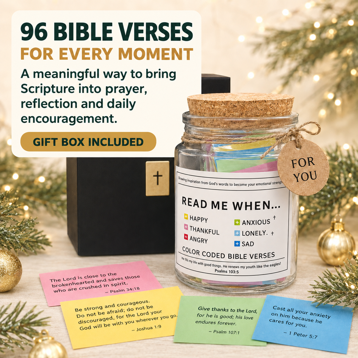 COOKEY Glass Bible Verse Jar with 96 Color-Coded Scripture Cards, Read Me When Prayer Jar for Daily Encouragement, Christian Gifts for Women Men Mom Family, Gift Box