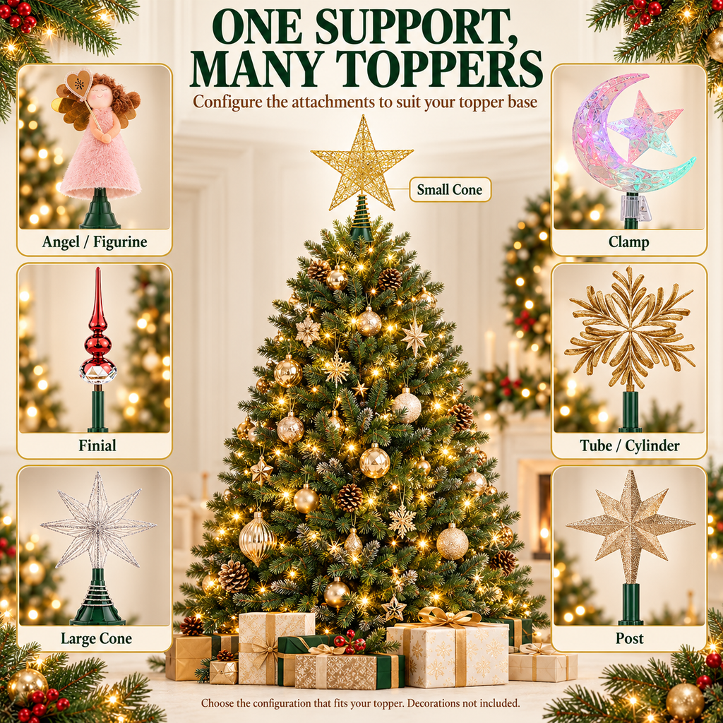 COOKEY Christmas Tree Topper Holder, Adjustable Twist-On Metal Tree Topper Stabilizer with Spiral Support and Attachments, Christmas Tree Topper Support for Star Angel Holiday Decorations, Green
