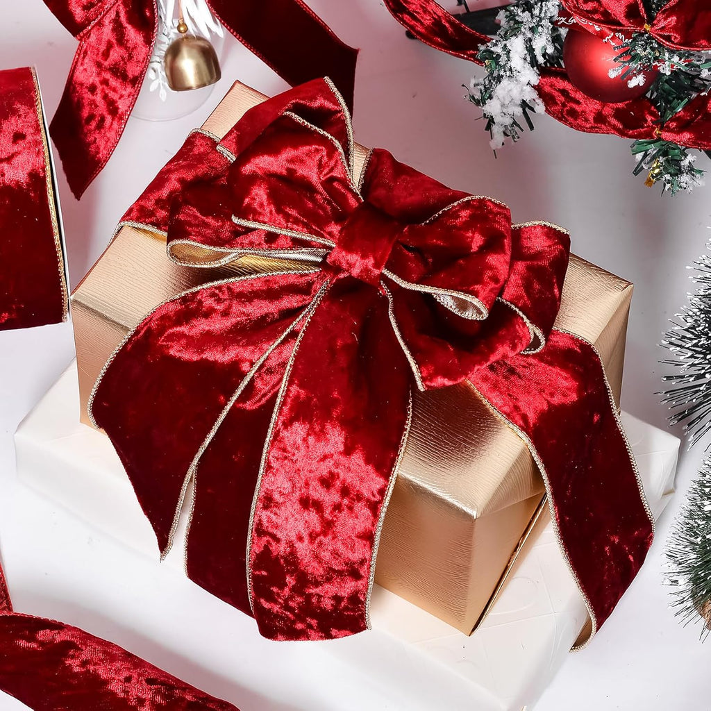 Cookey Red Velvet Wired Ribbon 2 1/2 Inch with Gold Edge for Christmas Tree Gift Wrapping Crafts Wreath Decoration Bow Making 10 Yards