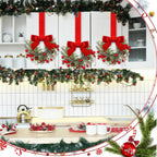COOKEY 6 Pcs 6" Christmas Mini Cabinet Wreaths with Ribbon Bows and Red Berry,Small Norfolk Pine Kitchen Wreaths for Front Door Farmhouse Wall Pillars Xmas Decorations