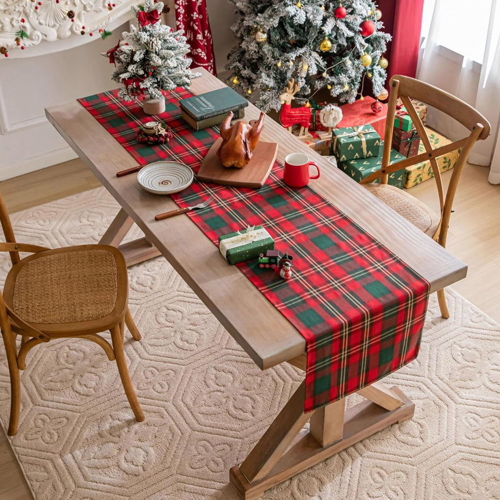 COOKEY Christmas Table Runner, Red and Green Tartan Plaid, 13 x 72 in