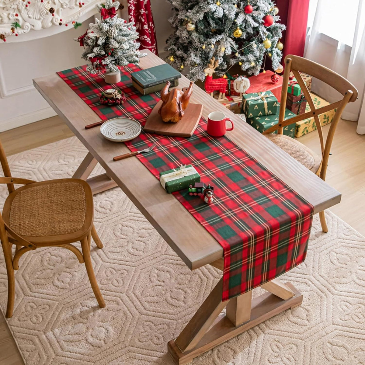 COOKEY Christmas Table Runner, Red and Green Tartan Plaid, 13 x 72 in