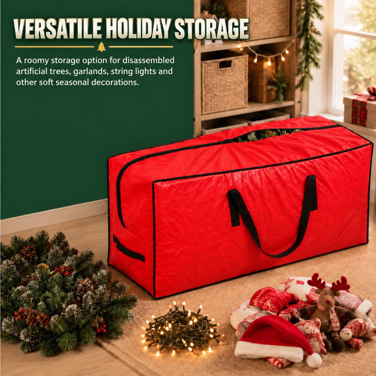 COOKEY Artificial Christmas Tree Storage Bag for Tree, PE Holiday Storage Organizer with Zipper and Carry Handles, Red Seasonal Storage Bag