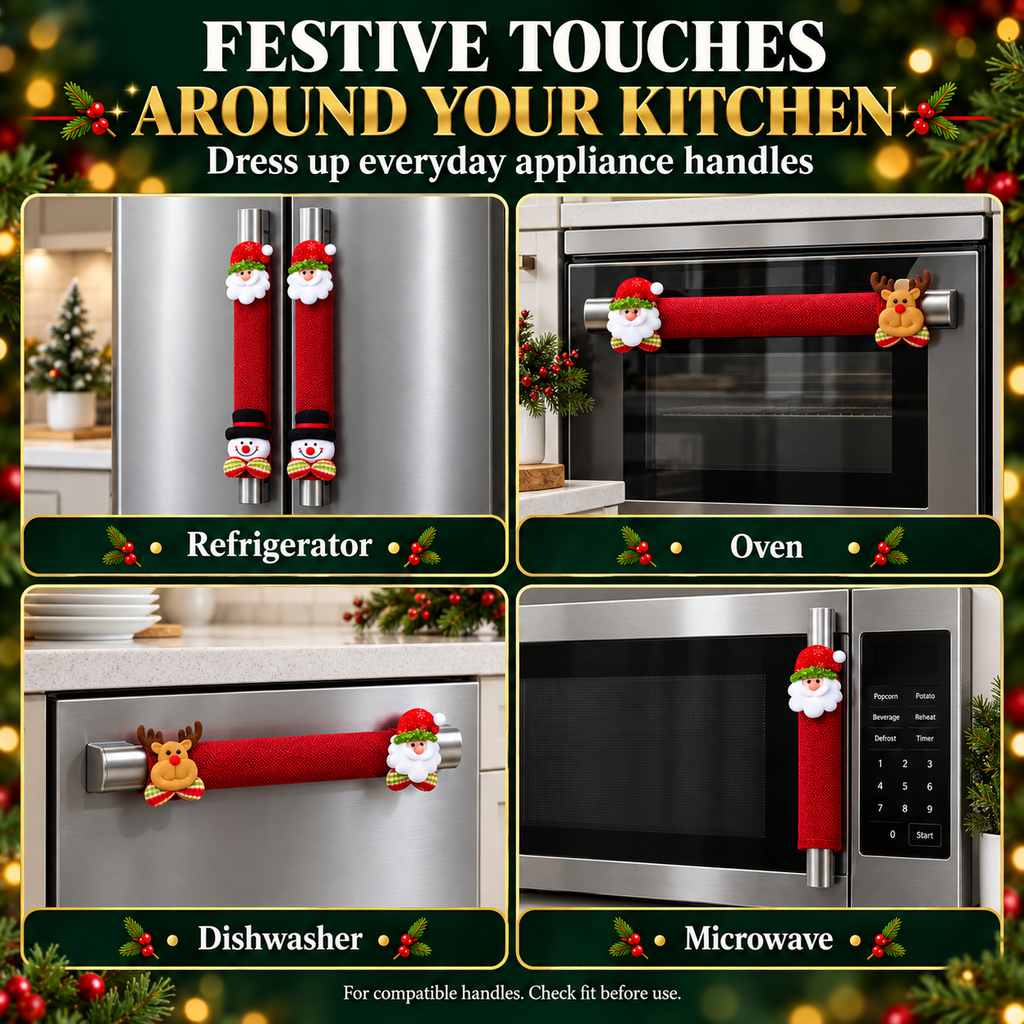 COOKEY Christmas Refrigerator Handle Covers Set of 8, Santa Snowman Reindeer Polar Bear Fridge Handle Covers, Christmas Kitchen Decor for Refrigerator Oven Microwave Dishwasher, Red