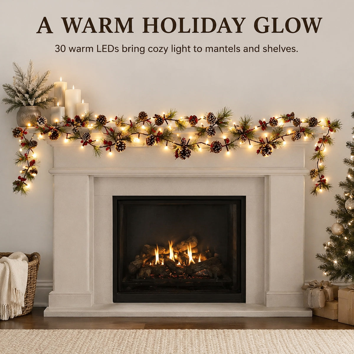 COOKEY Christmas Garland with Lights, 10 Ft Battery Operated Pine Cone Garland, Red Berries and Pine Needles, Lighted Christmas Decorations for Mantel Stairs Indoor Outdoor