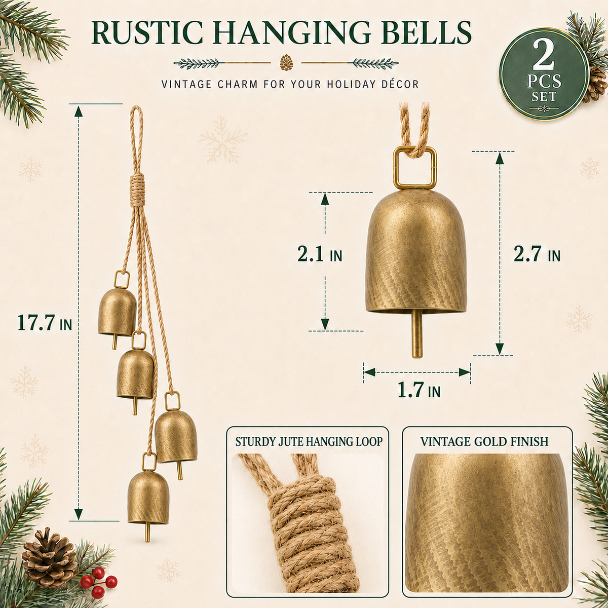 COOKEY 2 Pcs Gold Vintage Bells with Hanging Rope, Decorative Metal Cow Bells for Weddings, Parties, and Christmas DIY Wreaths, Home Decor