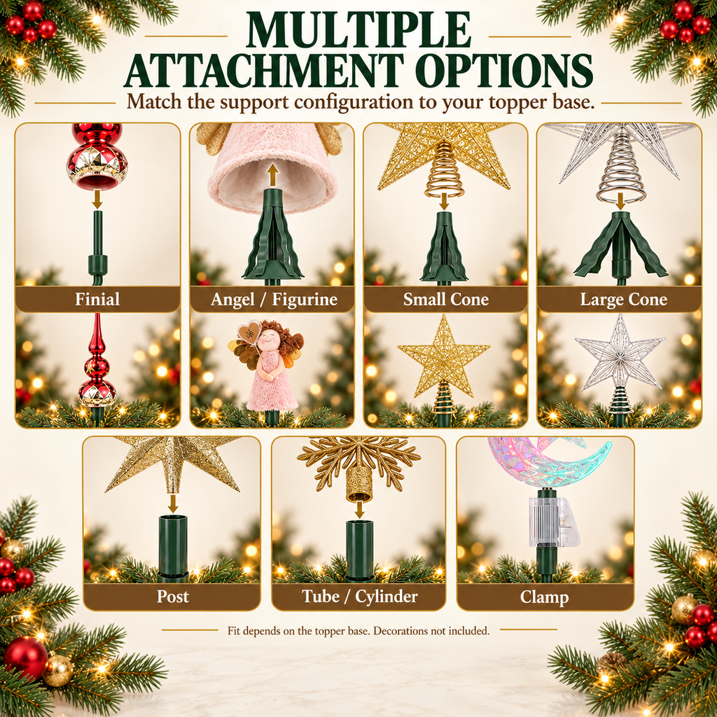 COOKEY Christmas Tree Topper Holder, Adjustable Twist-On Metal Tree Topper Stabilizer with Spiral Support and Attachments, Christmas Tree Topper Support for Star Angel Holiday Decorations, Green