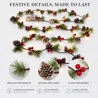 COOKEY Christmas Garland with Lights, 10 Ft Battery Operated Pine Cone Garland, Red Berries and Pine Needles, Lighted Christmas Decorations for Mantel Stairs Indoor Outdoor