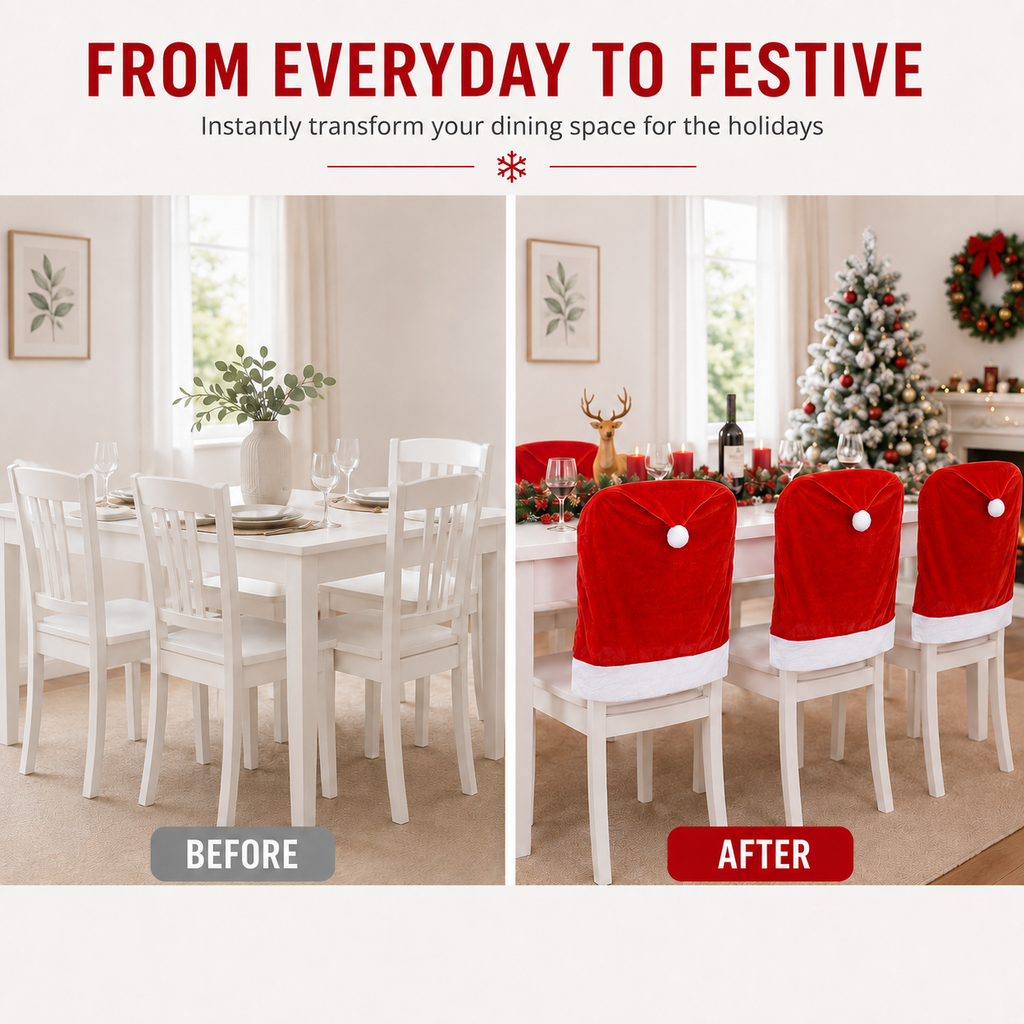 COOKEY 4pcs Christmas Chair Covers,Santa Hat Chair Back Cover Xmas Slipcover for Christmas Dinning Room Home Decoration Supply,Red