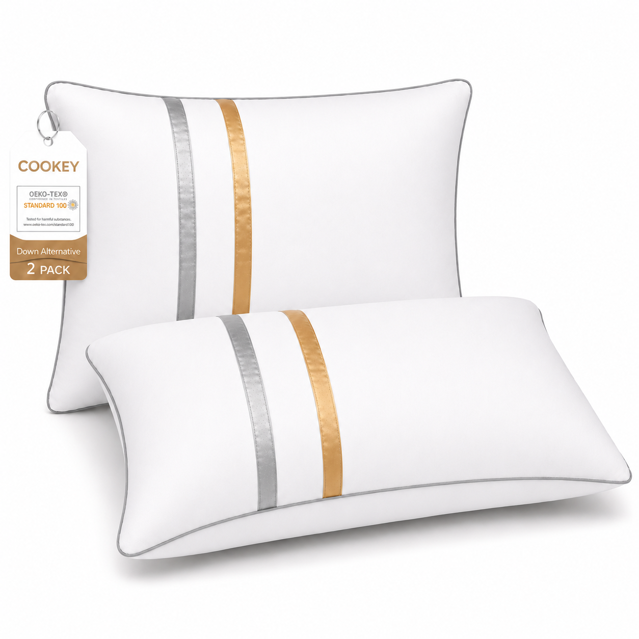 COOKEY Down Alternative Pillow for Bed with Satin Ribbon Design, Hotel Quality Gel Fiber Fill, Fluffy Supportive Bed Pillow for Side Back Stomach Sleepers, White