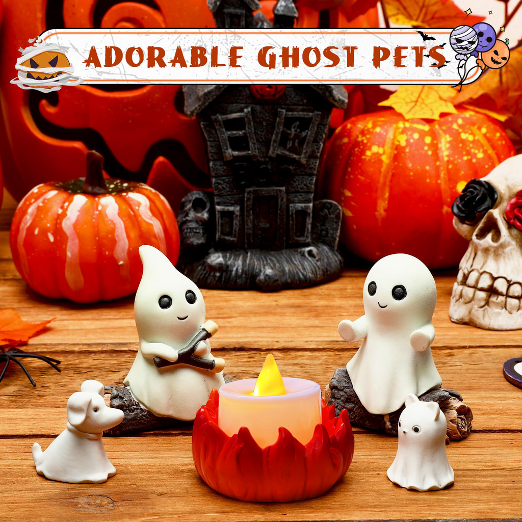COOKEY Glow-in-The-Dark Ghost Campfire Gathering, Cute & Cozy Halloween Ghost Figurine Set, Resin Ghost Statue for Home, Mantel, Shelf, Desk