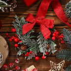 COOKEY 6 Pcs 6" Christmas Mini Cabinet Wreaths with Ribbon Bows and Red Berry,Small Norfolk Pine Kitchen Wreaths for Front Door Farmhouse Wall Pillars Xmas Decorations