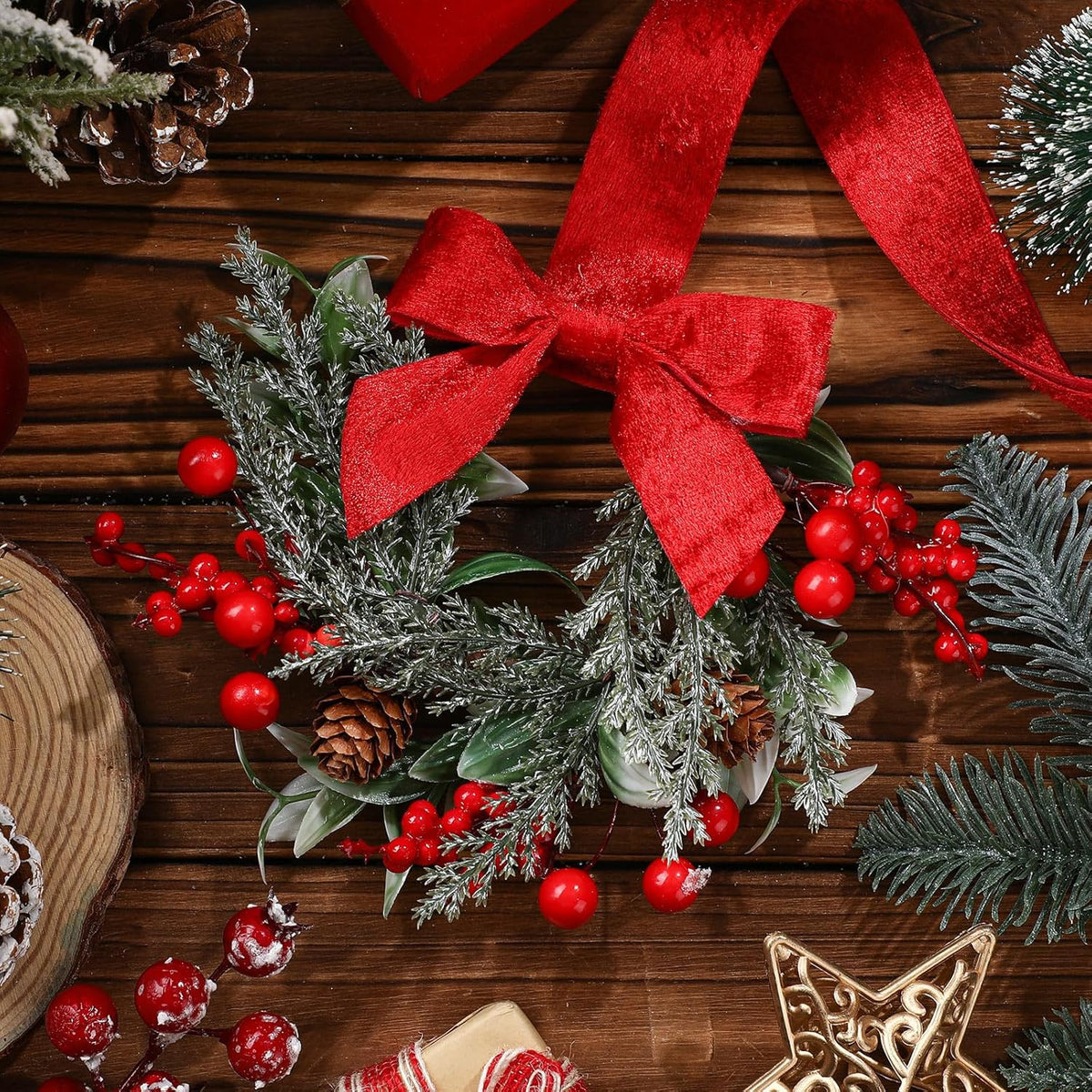 COOKEY 6 Pcs 6" Christmas Mini Cabinet Wreaths with Ribbon Bows and Red Berry,Small Norfolk Pine Kitchen Wreaths for Front Door Farmhouse Wall Pillars Xmas Decorations