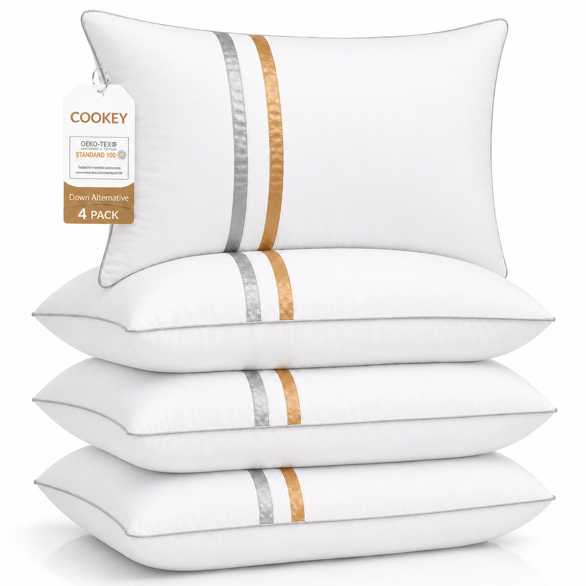 COOKEY Down Alternative Pillow for Bed with Satin Ribbon Design, Hotel Quality Gel Fiber Fill, Fluffy Supportive Bed Pillow for Side Back Stomach Sleepers, White